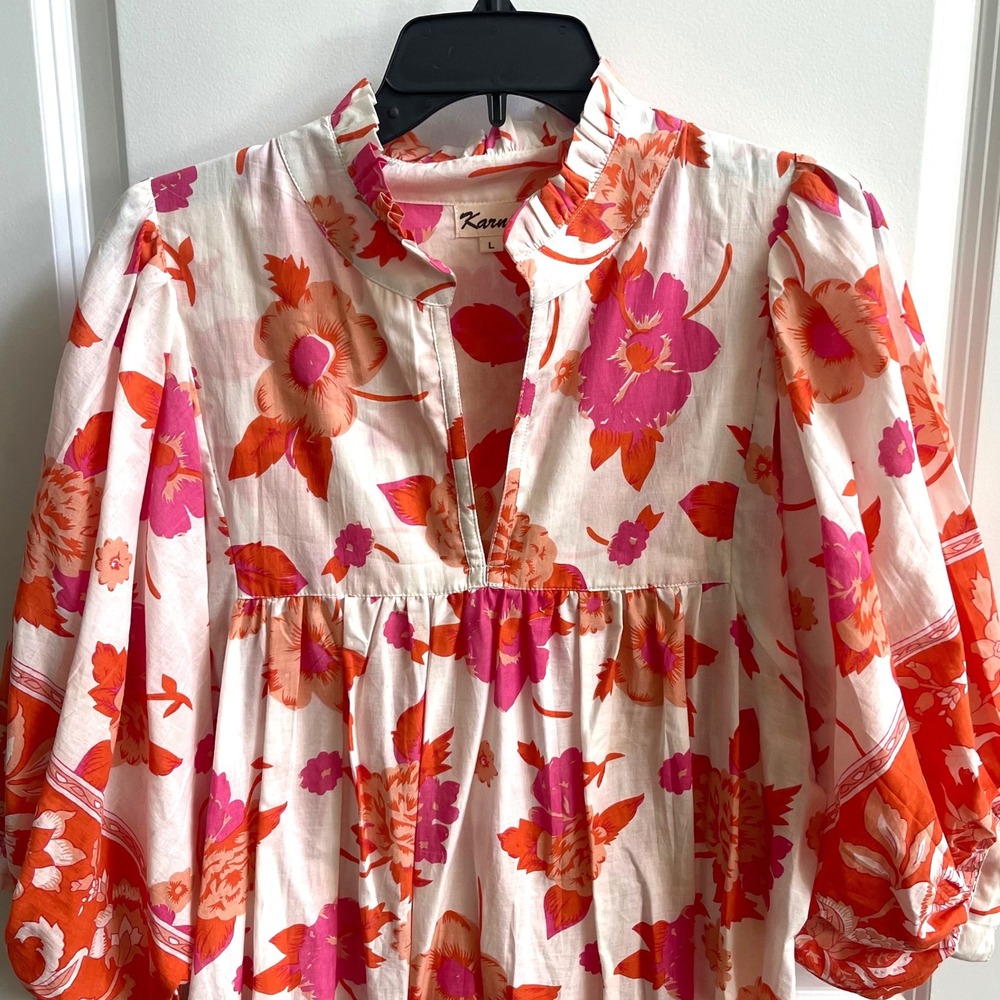 Karni Floral Midi Dress Womens Large Orange Pink Boho Cottagecore Balloon Sleeve - Picture 3 of 11